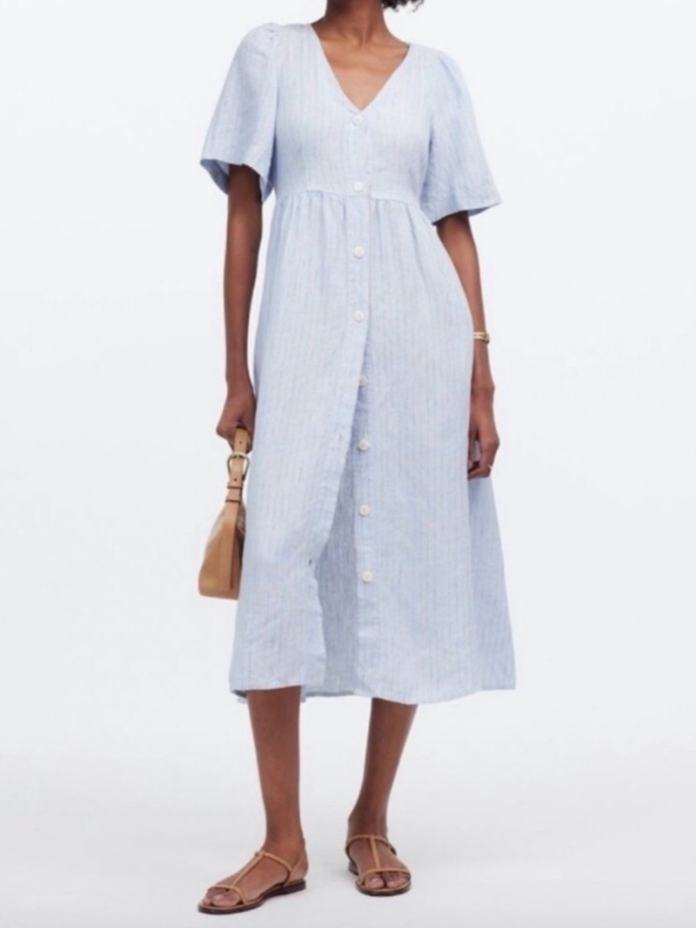 Madewell Cassie Button-Front 100%  Linen Midi Dress preppy modest